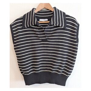 Mango MNG Womens Black Cream Striped Cotton Knit Sweater Vest Polo Collar Large